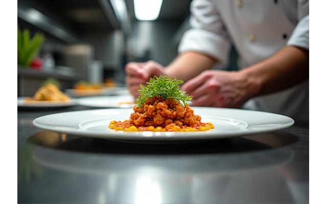 Cuisine ouverte de restaurant gastronomique moderne avec chef en pleine préparation artistique